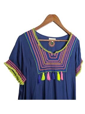 Ruby Yaya Embroidered Dress Blue Asymmetrical Hem Small Fringe Pockets Boho